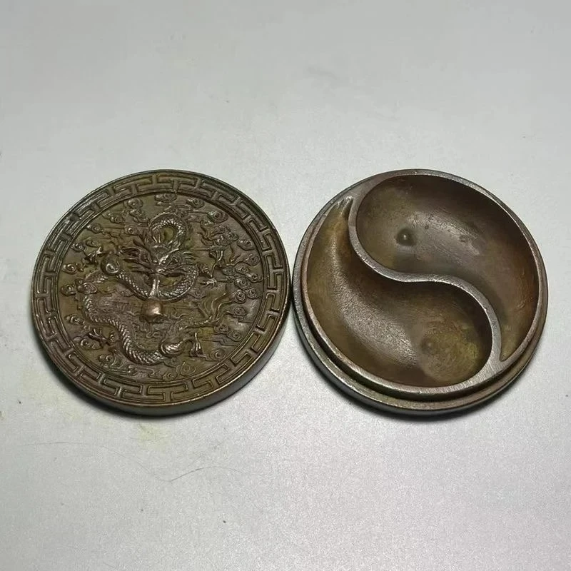 Antique Collection: Four Treasures of The Study, Dragon Sucking Water Alloy Old Copper Inkstone Box and Seal Ink Box Ornament