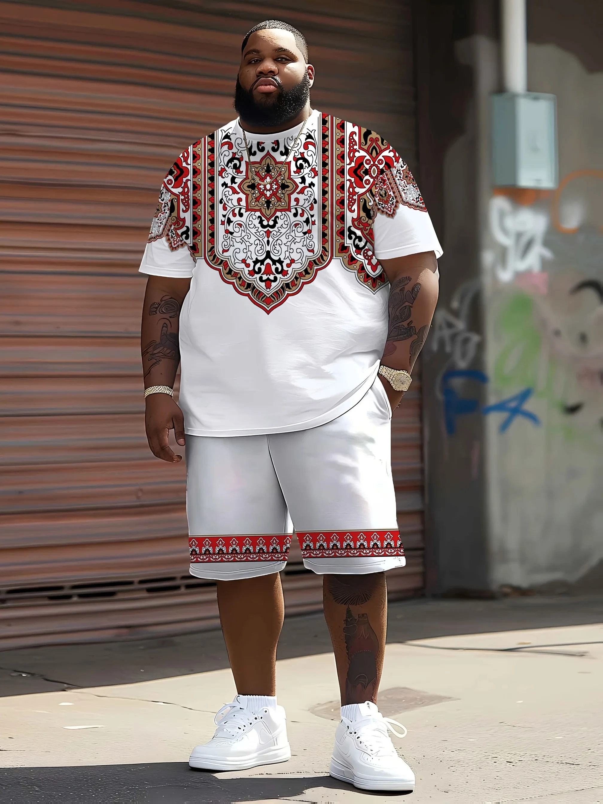 

Ethnic unique pattern fashionable casual suit, round neck T-shirt&quick drying breathable shorts, daily commuting, plus size