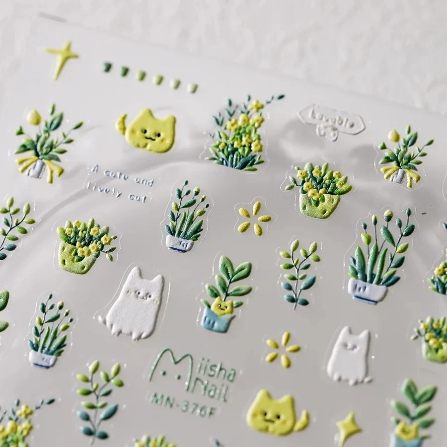 

Оптовые самоклеящиеся 5D-наклейки для ногтей с рельефным изображением милых котиков, зеленых цветов в горшках и растений, для маникюра