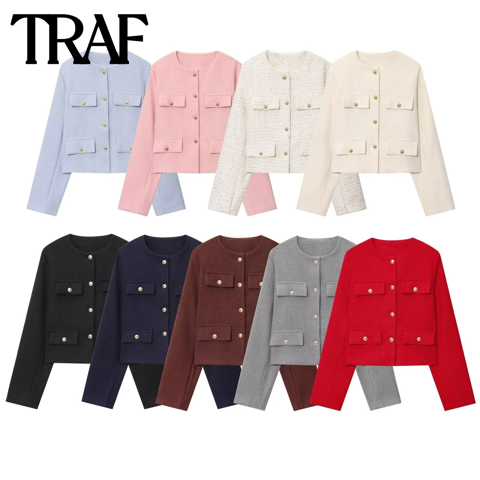 

TRAF Fashion and Leisure 2025 Summer New Product Multi color Simple Round Neck French Fragrant Style Short Suit Jacket