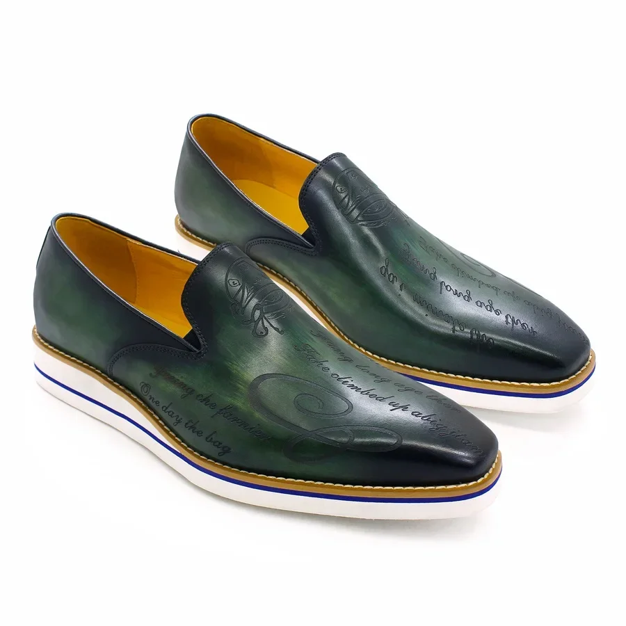 Fashion Men's Casual Shoes Genuine Leather Handmade Green Comfortable Flat Loafers Laser Pattern Men's Banquet Leather Shoes