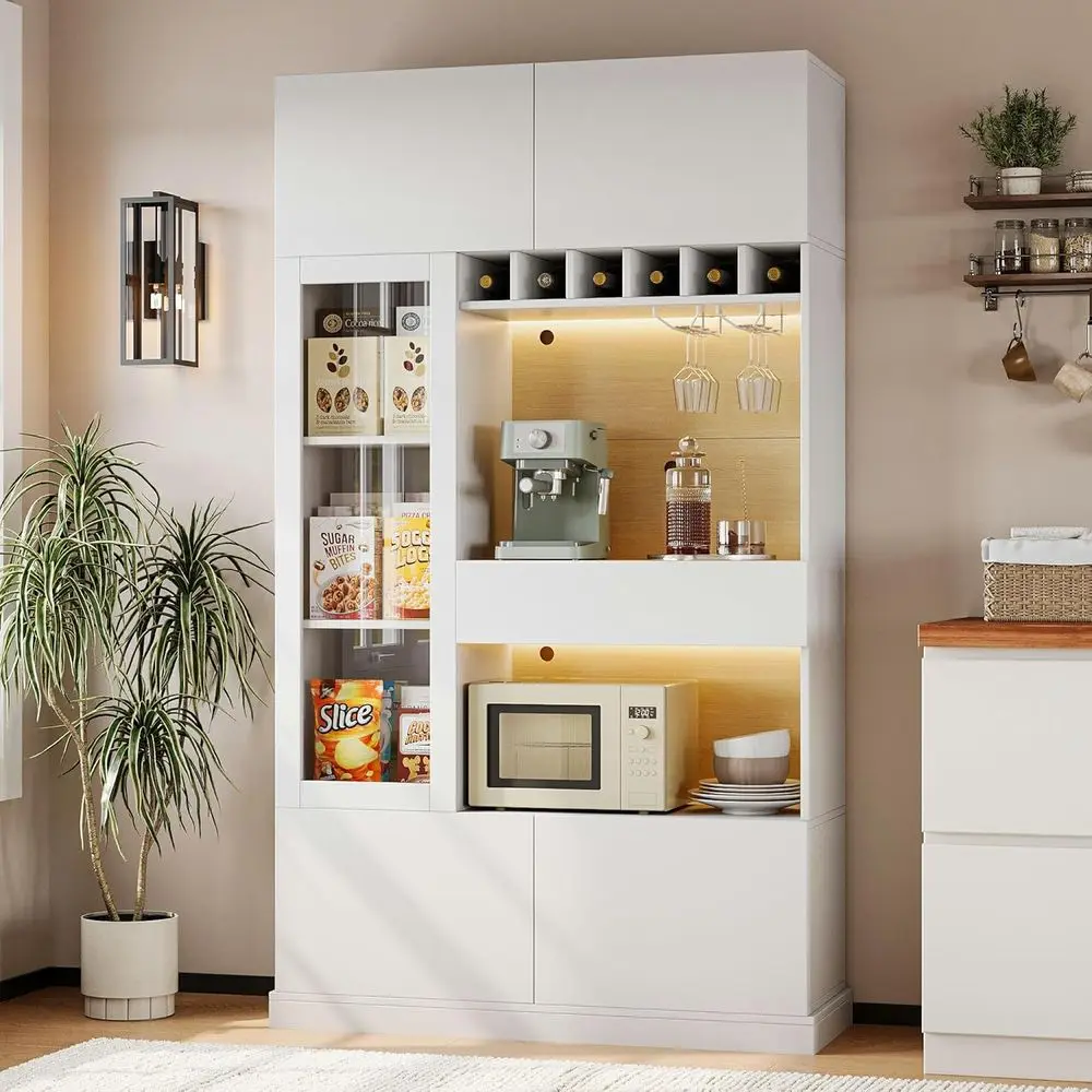 

69, высокий белый кухонный шкаф для кладовой со светодиодной подсветкой, розеткой, подставкой для микроволновой печи, винной полкой, стеклянной дверью и регулируемыми полками
