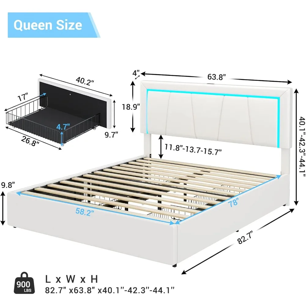 Queen LED Platform Bed Frame with 4 Storage Drawers and LED Light Faux Leather Wrap with USB Port and Adjustable LED Headplate