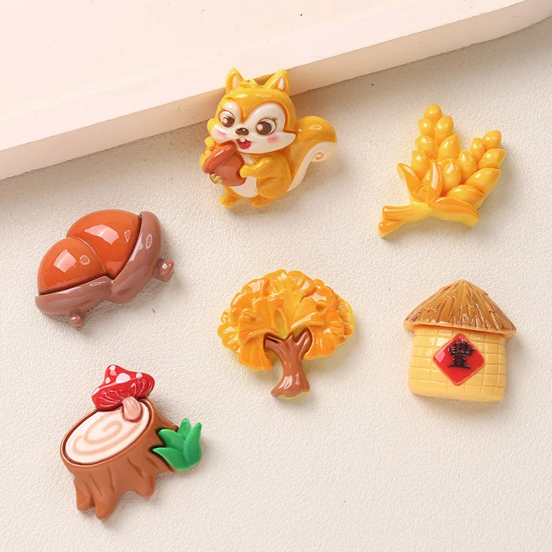 10/100PCS Autumn Harvest Series Squirrel Stump Wheat Cone DIY Resin Craft Accessories Scrapbooking Handmade Hairpin Phone Case