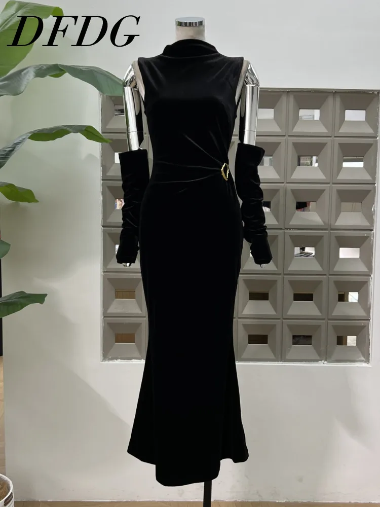 

DFDG 2025 Women’s Velvet Mermaid Dress Elegant Strapless Bodycon Cocktail Party Gown Spring Summer Evening Banquet Guest Dress