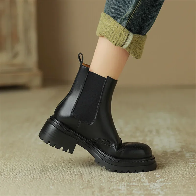 New Autumn Split Leather Women Boots Round Toe Ankle Boots for Women Chunky Heels Platform Boots Fashion Winter Boots Women