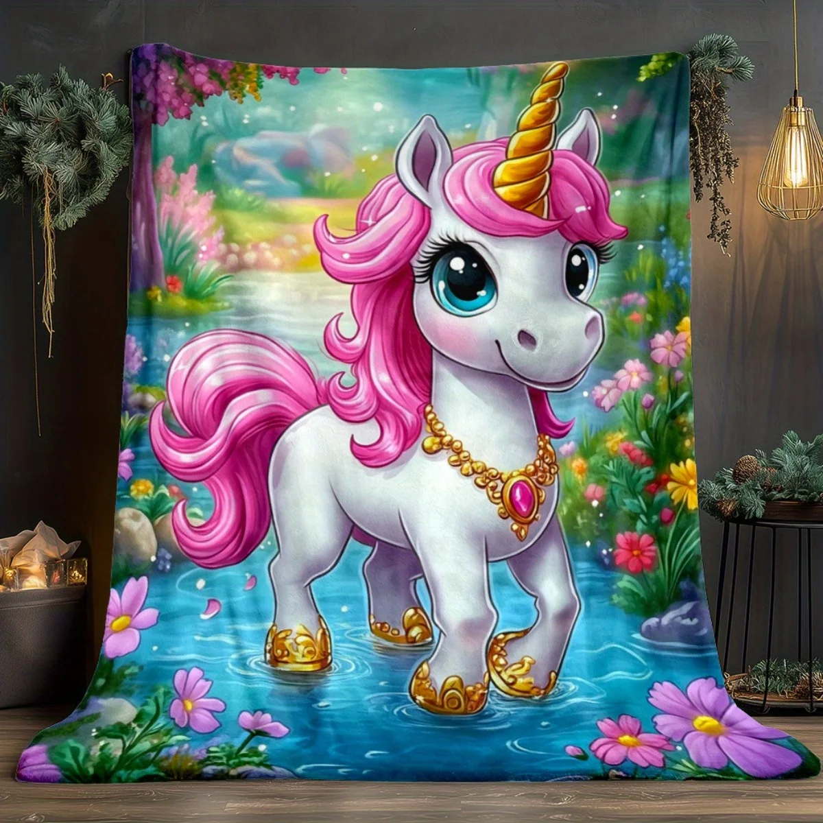 Magical Pink Unicorn In Flower Garden Fleece Blanket Soft Flannel Throw Dreamy Fantasy Bedding Gift For Girls Princess ThemeHome