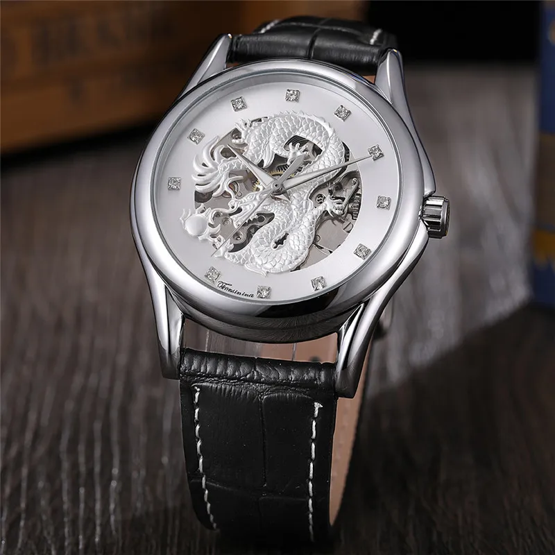 FORSINING New Men Wristwatch Military Sport Automatic Mechanical Male Clock Top Brand Luxury Dragon Dial Skeleton Man Watch 8151