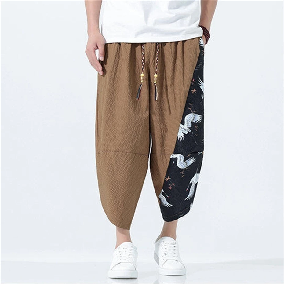 Large Size Casual Shorts Mens Summer Ice Silk Lantern Pants Men Streetwear Vintage Crane Print Baggy Calf Length Pant Male
