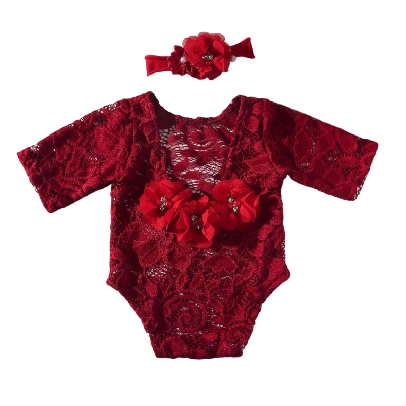 RIRI Lace Romper and Hairband Set for Baby Photography Newborn Photo Clothing Photoshooting Jumpsuit Infant Photo Accessory