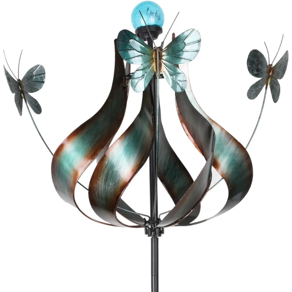 Garden Wind Spinner, Solar Powered Tulip Butterfly Kinetic Metal Windmill Spinners with LED Light, Garden Wind Spinner