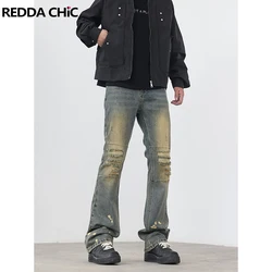 REDDACHIC Splash Ink Ripped Flare Jeans for Men Blue Distressed Denim Bootcut Pants Y2k Destroyed Hip Hop Trousers Streetwear