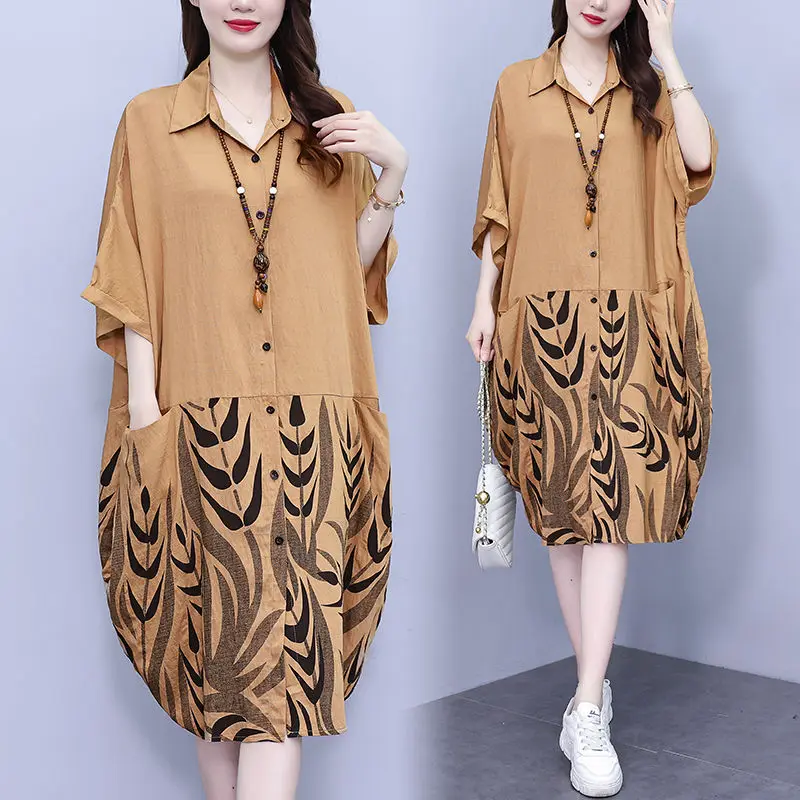 Imagem -05 - Vestido de Manga Batwing Assimétrico Feminino Impressão de Lapela Oversized Camisa Commuter Casual Roupa de Verão Nova Moda 2024