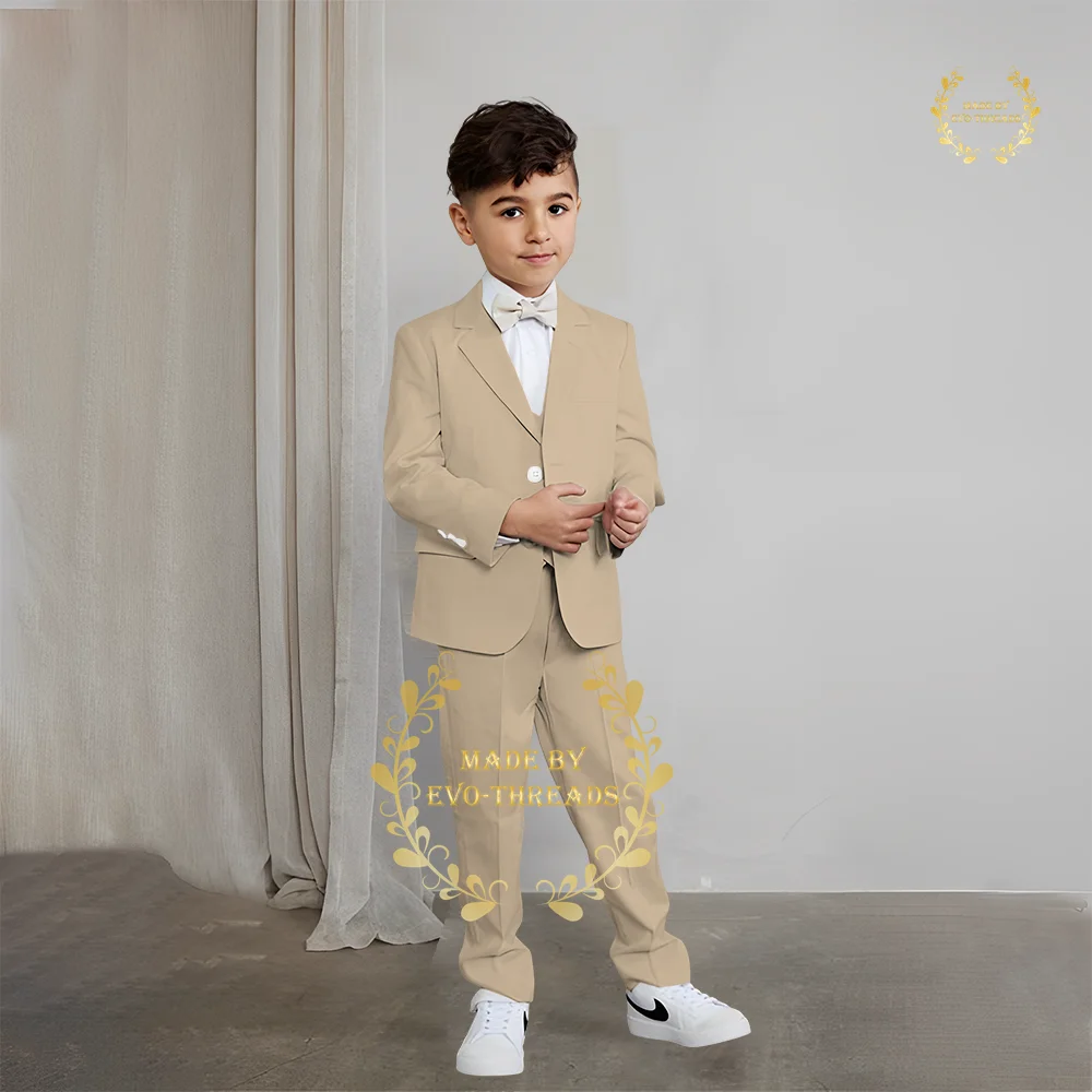 3 pièces texturées trempées pour garçons, ensemble formel slim fit pour mariage, fête de Rh, spectacle scolaire, avec revers cranté, blanc crémeux, personnalisé pour enfants