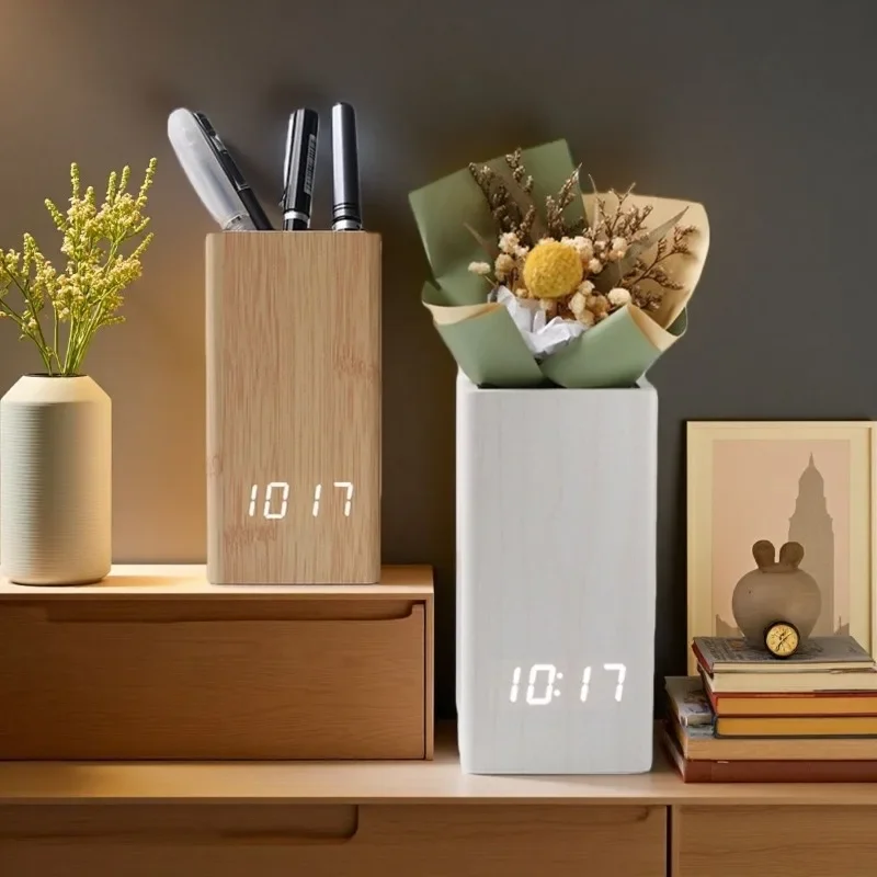 Nordic Wooden Desk Organizer Box with LED Digital Alarm Clock and Pen Holder, Multi-use Stationery Storage for Office Decor
