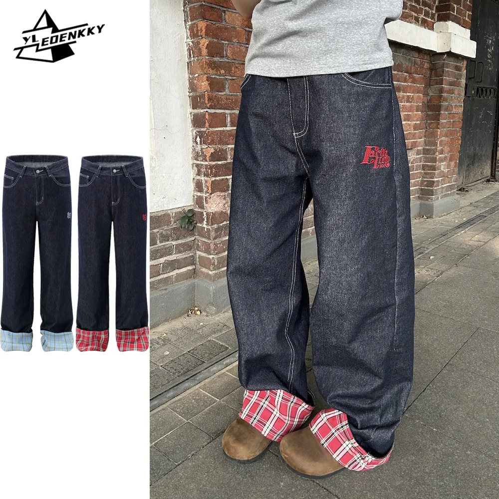 American Vintage Jeans Men Women Plaid Panelled Hemming Straight-leg Denim Pants Loose Wide-leg Couple Casual Trousers Unisex