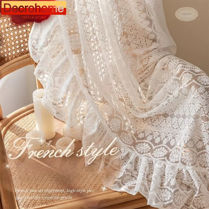 French Lace Jacquard Window Screen Vintage Lace White Tulle Curtains for Living Dining Room Bedroom Luxury Window Custom Size