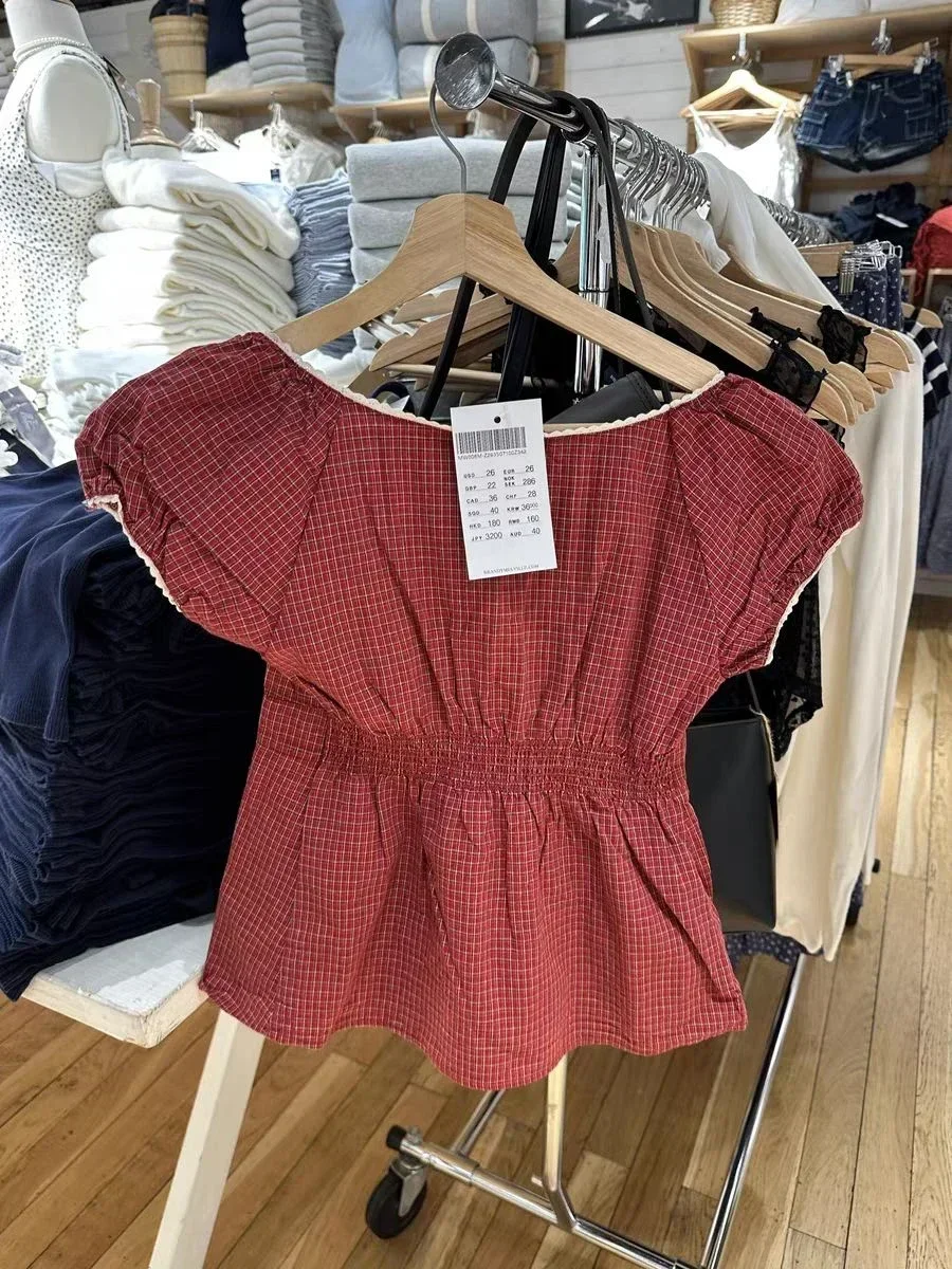 Women Red Plaid Lace Trim T-Shirt Blouse Three Buttons Square Neck Short Puff Sleeve Cotton Tshirt Summer Sweet Crop Tops Y2k image 6