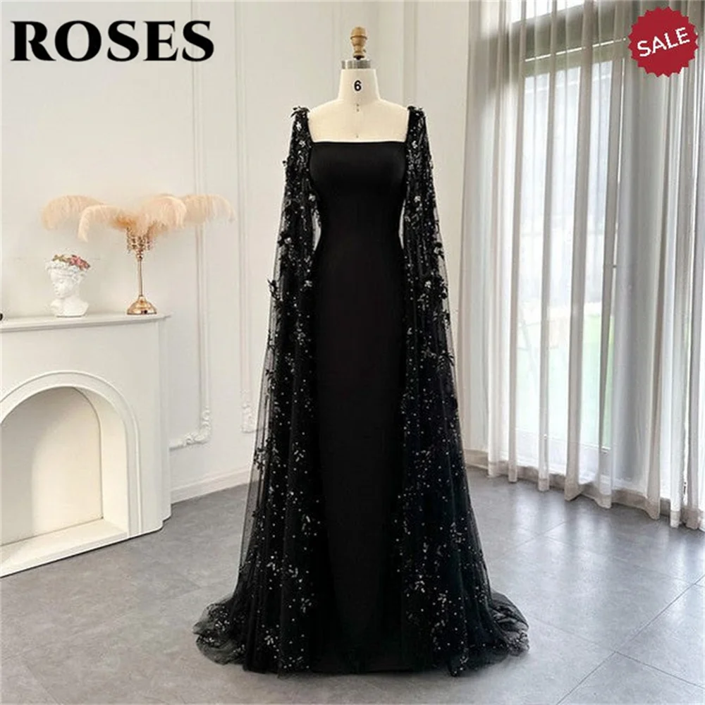 

ROSES Black Elegant Prom Dress Strapless Party Dress 3D-Flower Regular Sleeve Satin Sequins Evening Dress for Woman Customized