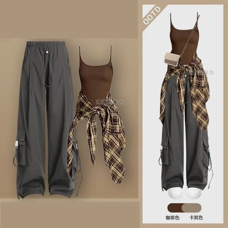 2024 Autumn New Vintage Plaid Shirt+vest+loose Cargo Pants 3-piece Suit Women\'s Casual Cardigan Trousers Tracksuit Matching Set