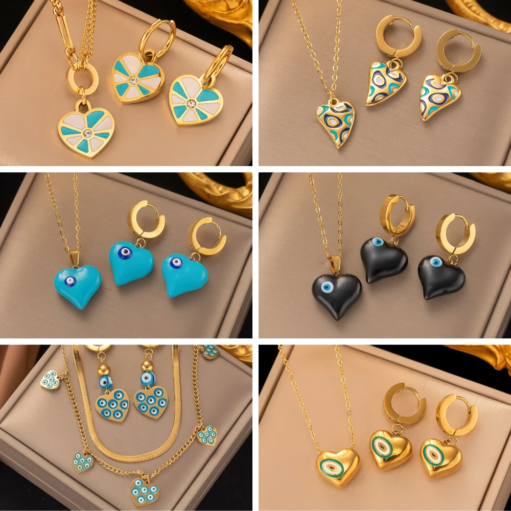 Edelstahl Liebe Herz Anhänger Halskette Ohrringe für Frauen Mädchen wasserdicht Vintage Gold Farbe Schmuck Set Geschenk Party neu