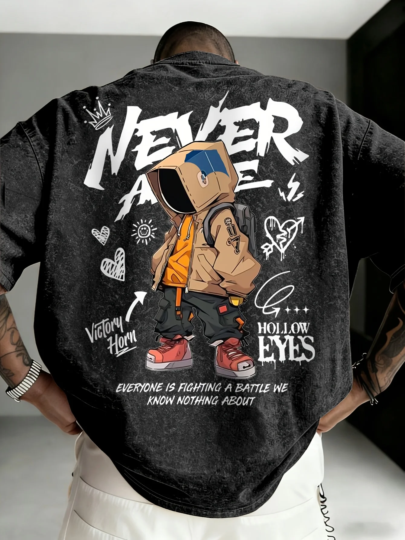New American Men's Summer Fashion Cartoon Character Letter Comfortable Breathable Round Neck T-shirt Outdoor Street Style Top