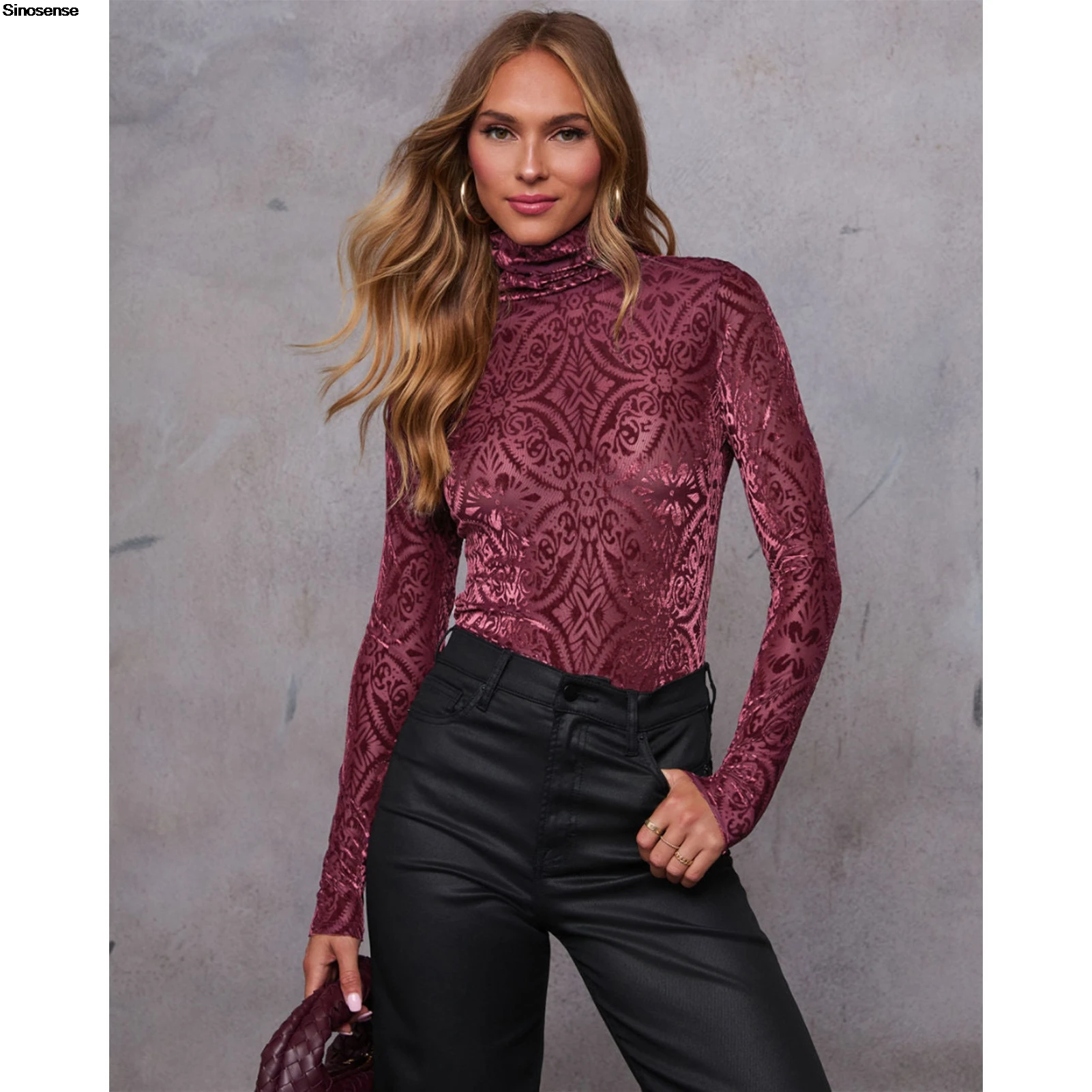 

Womens Slim Fit Velvet Burnout Top Turtleneck Long Sleeve See Through Shirt Blouses Y2K Daily Wear Dates Street Club Party Tops