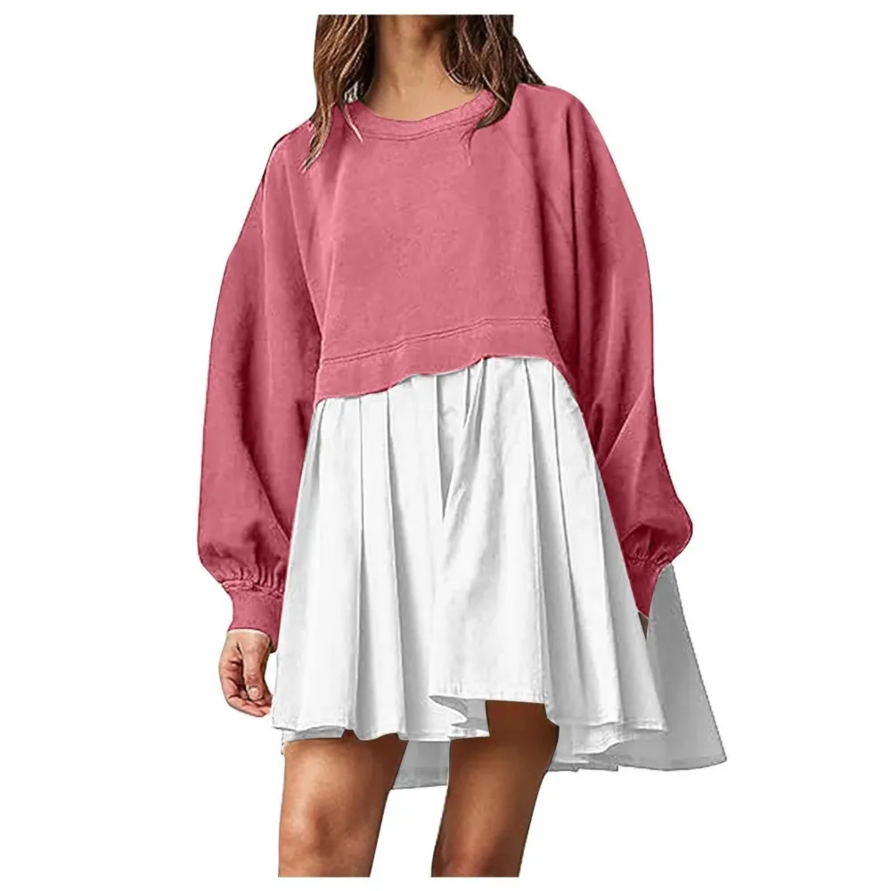 

Womens Fashion Dresses New 2025 Spring Summer Colorblocking Long Sleeve Mini Pullover Dress For Lady Casual Pleated Mini Vestido