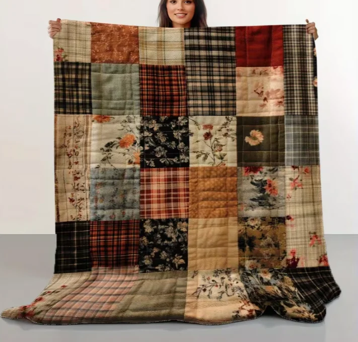 Farbenfrohe Patchwork-Blumen-Quiltdecke, Weiche Polyester-Wurfdecke mit Modernem Geometrischem Muster für Ganzjahres-Komfort, Ideal für Wohndekoration – Detail 3