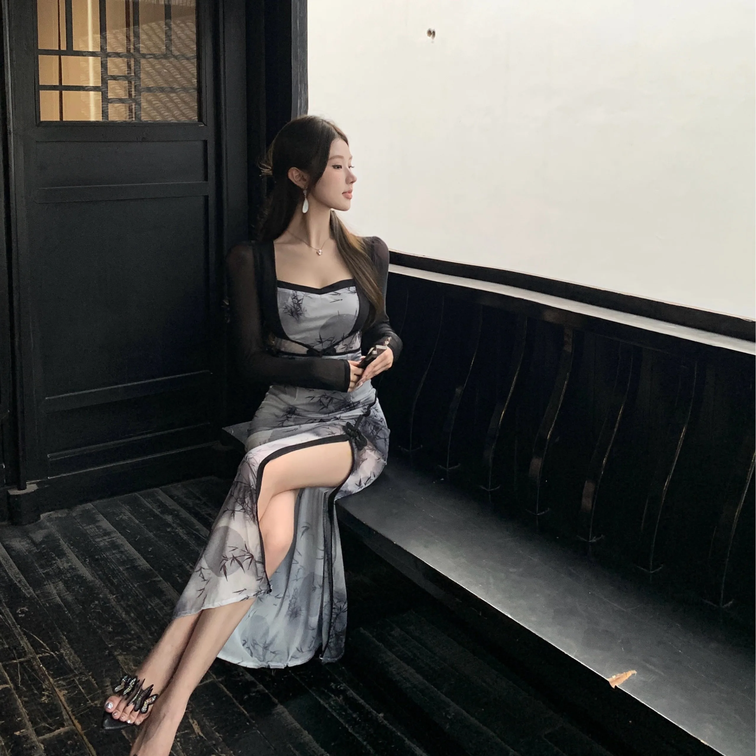 Faionable sexy impressão cintura-conchamento split dr coreano sle longo sve primavera outono nova chegada roupas femininas