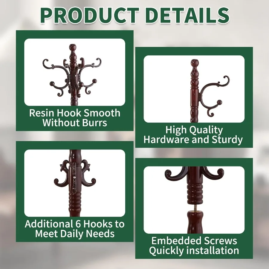حامل معطف خشبي عتيق مع قاعدة مثلثة قوية مثالية للمدخل أو المكتب يتميز بـ 14 خطافًا وخشب البتولا الطبيعي #3
