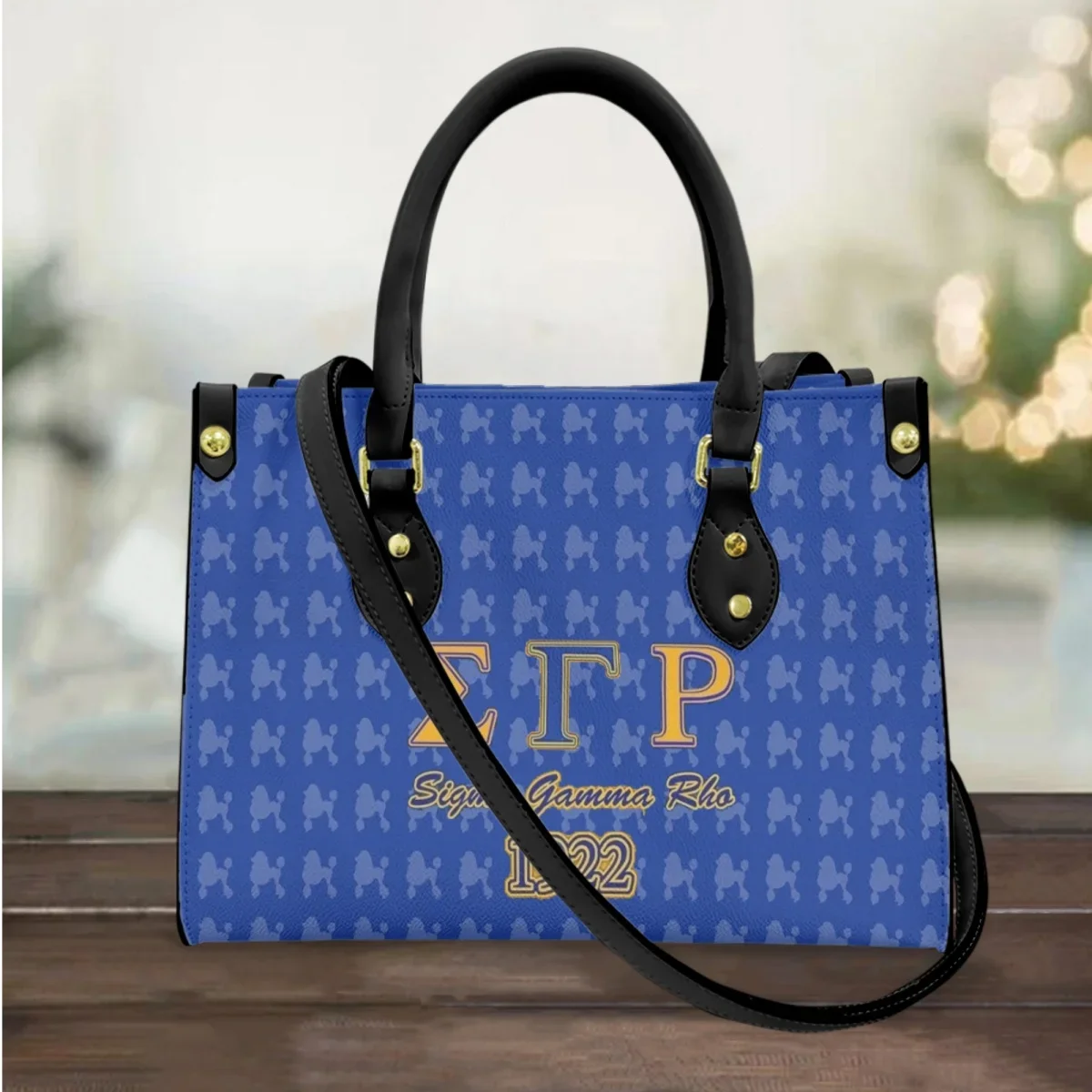 

Sigma Gamma Rho Designer Blue Leather Bag Poodle Pattern Casual Large Capacity Totes New Trend Top Handle Cross Body Bags Female