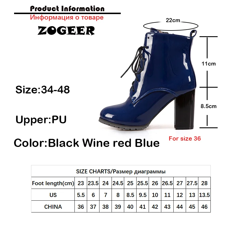 Fashion Ankle Boots For Women Winter Shoes Block High Heels Patent Lace-up Women\'s Short Boot Blue Red Black Large size 45 46