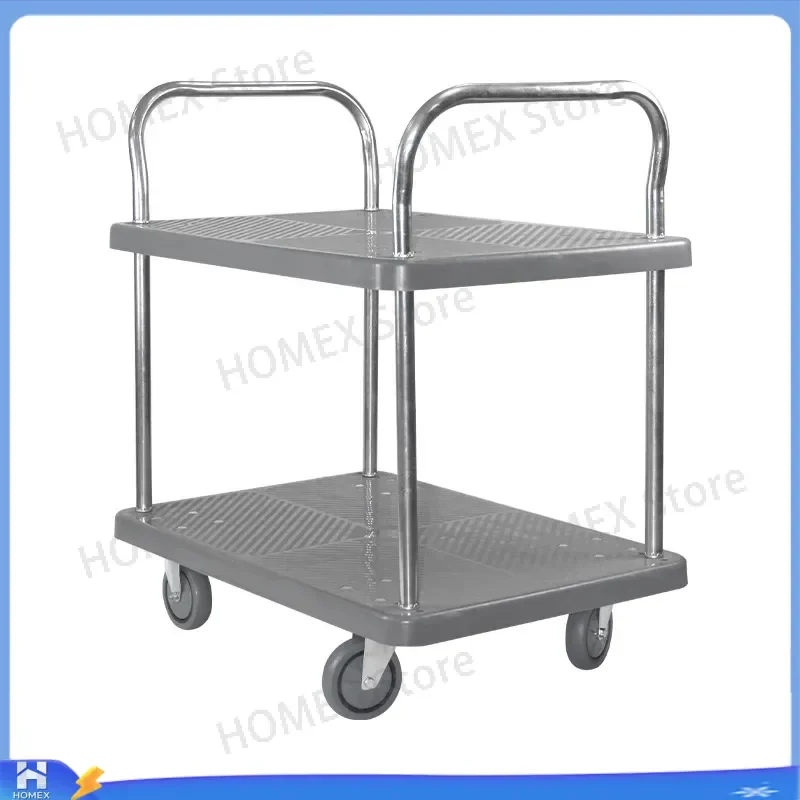 Gray Double Layer Logistics Trolley with Fence Hotel Cleaning Cart Heavy Duty Flatbed Hand Truck Warehouse Service Dolly