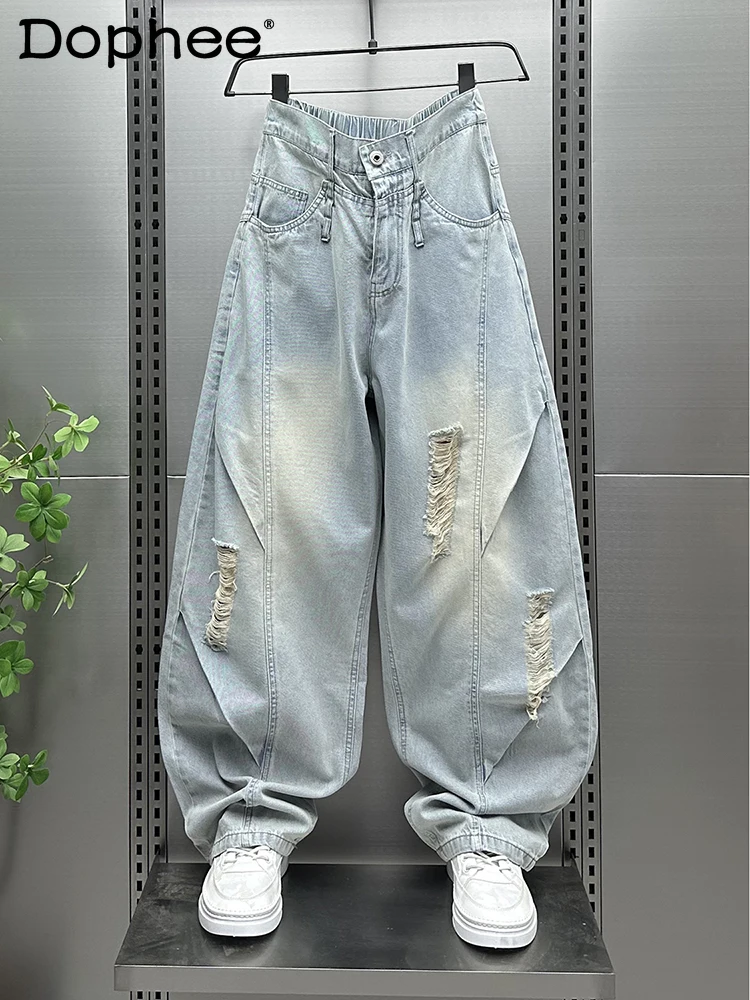 

Summer New American High Street Retro Distressed Jeans Stylish Men's Loose Casual Retro Versatile Wide-Leg Pants