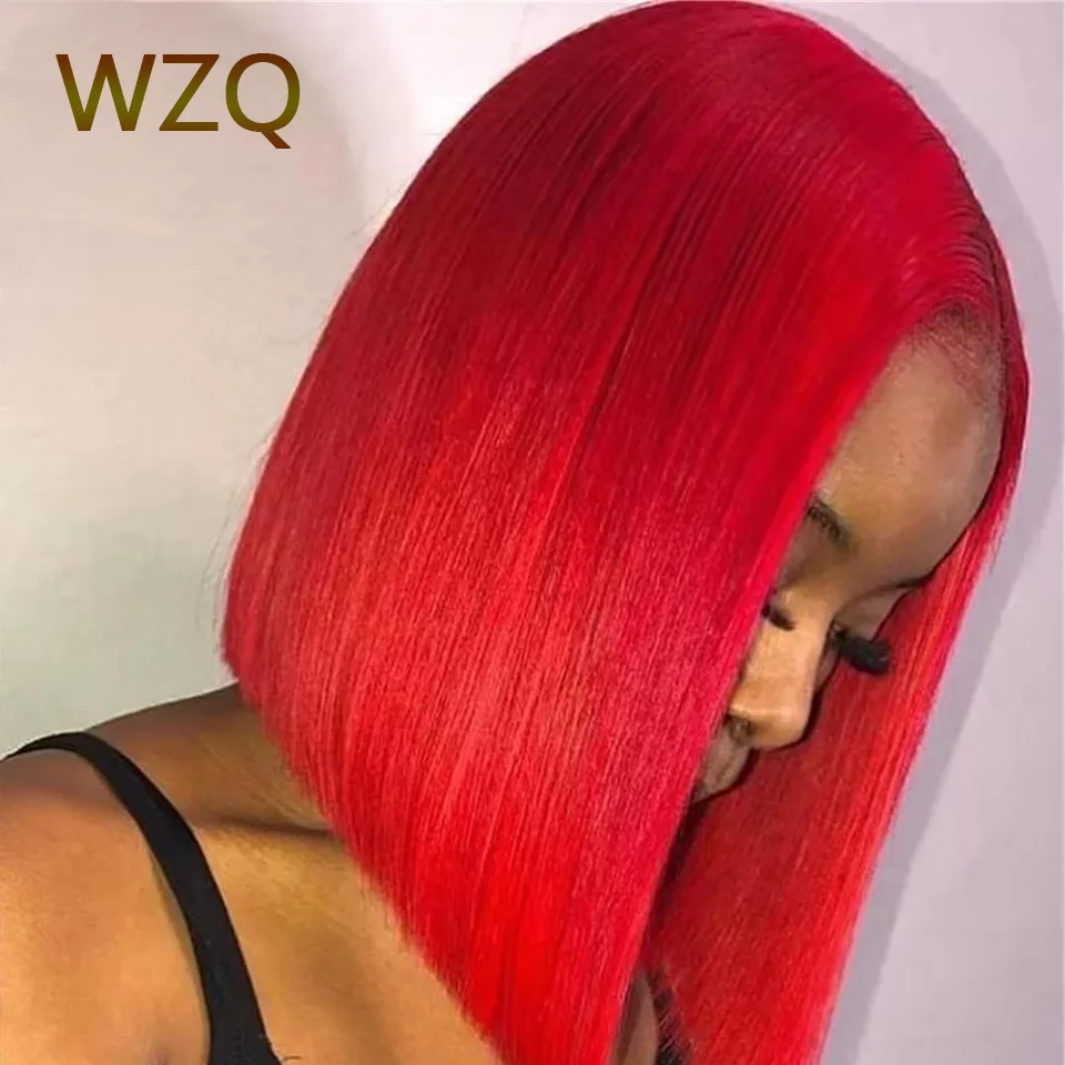 

180 Плотность Красный Прямой Короткий Боб Прозрачный 13x4 Кружева Фронтальный Парик Для Женщин Косплей Бразильский Парик Человеческих Волос Предварительно Сорванный
