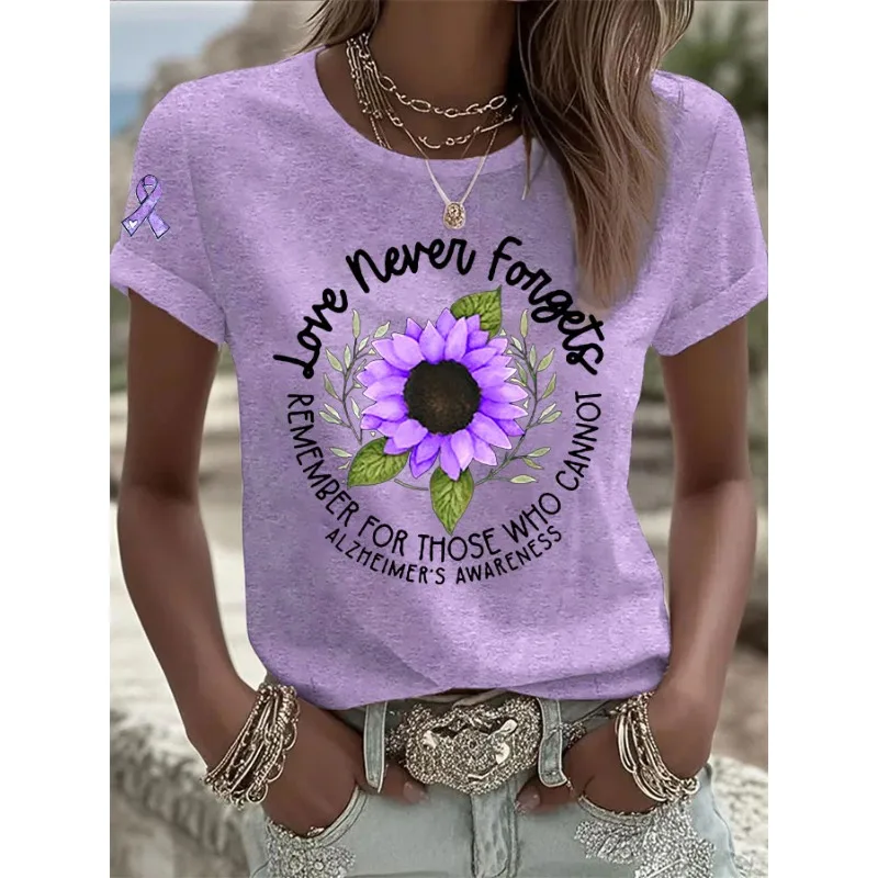 Hot Sale Women's Alzheimer's Awareness Print T-Shirts Summer Casual Short Sleeve Tops Tees