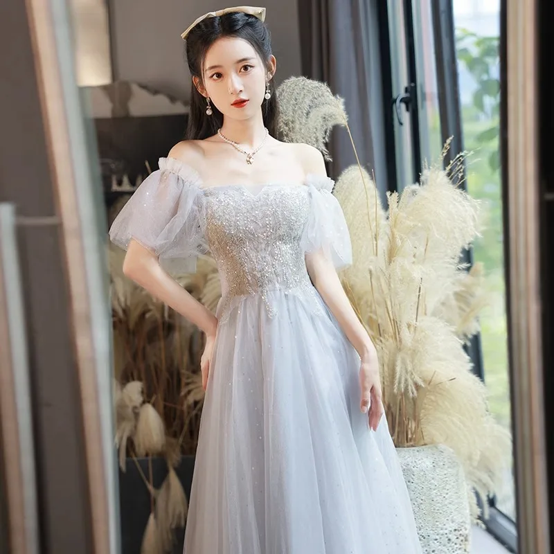 

2026 New Women's Summer Mesh Glitter Fairy Style Evening Dress Fashionable Slimming Banquet Host Long Performance Dress