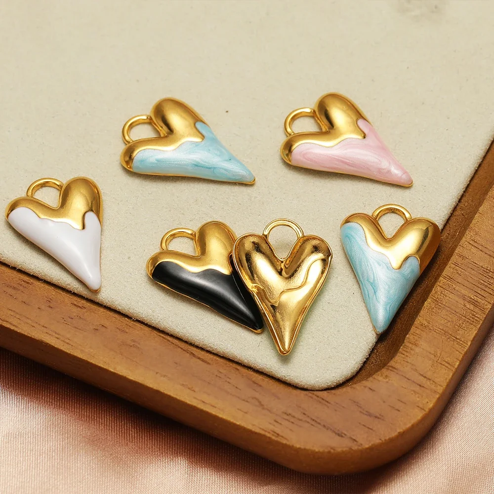 5pcs Stainless Steel Fresh Color Enamel Heart Charms Medal Pendants for DIY Jewelry Making Lovers Necklace Findings Supplies