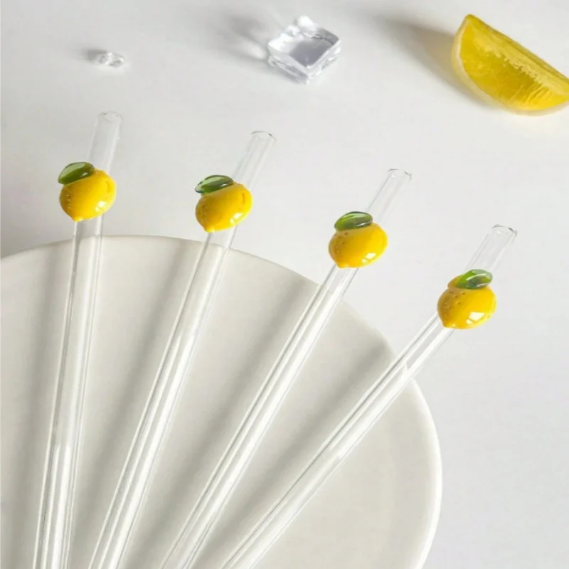 8PCS Lemon Print Glass Straw, Reusable & Vibrant | for Iced Tea, Lemonade, Cocktails | Cute Gift for Kitchen, Party, Travel
