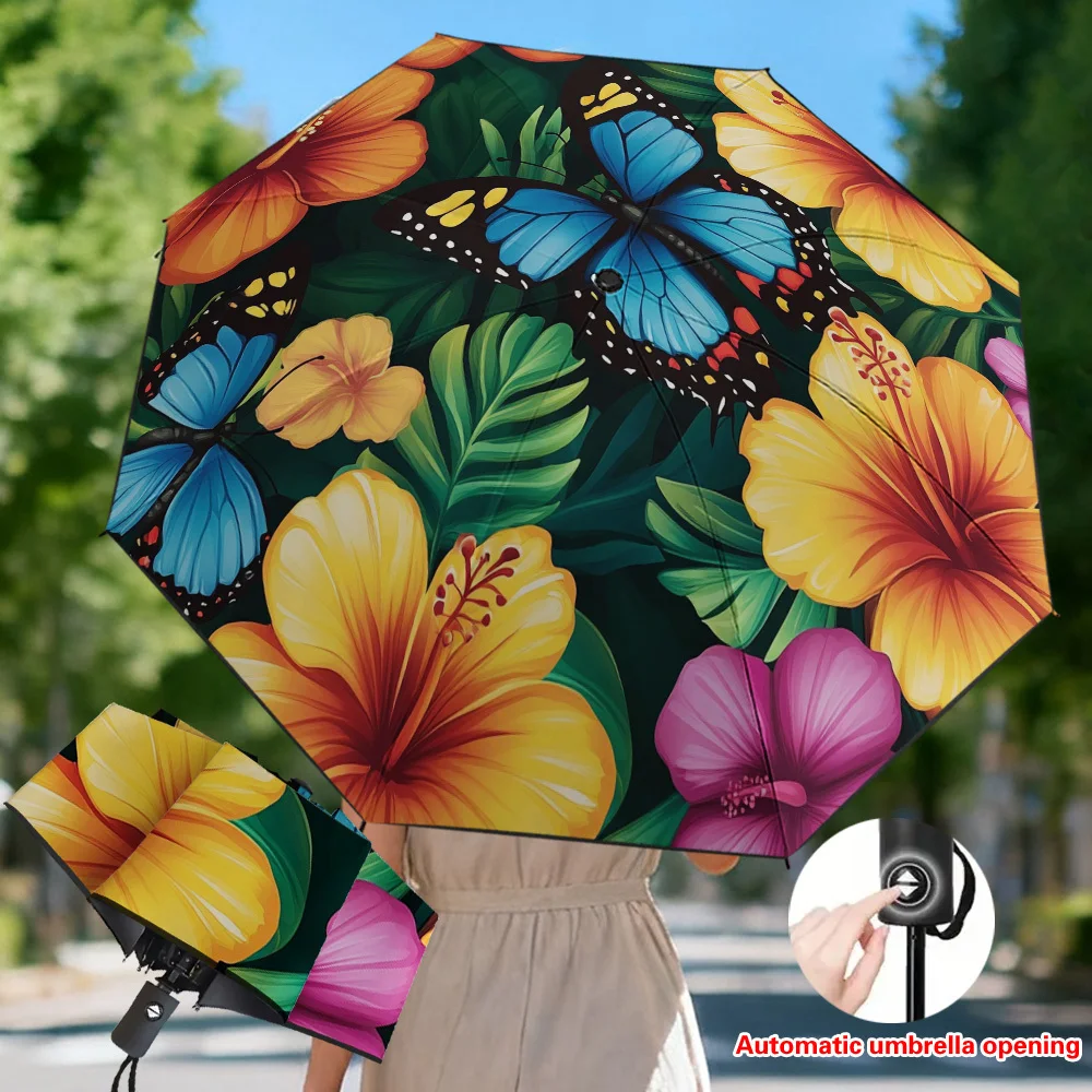 

1pc Tropical Blooms & Butterflies Automatic Open/Close Umbrella - Lightweight Compact Folding Umbrella with 8-Rib Sturdy Frame