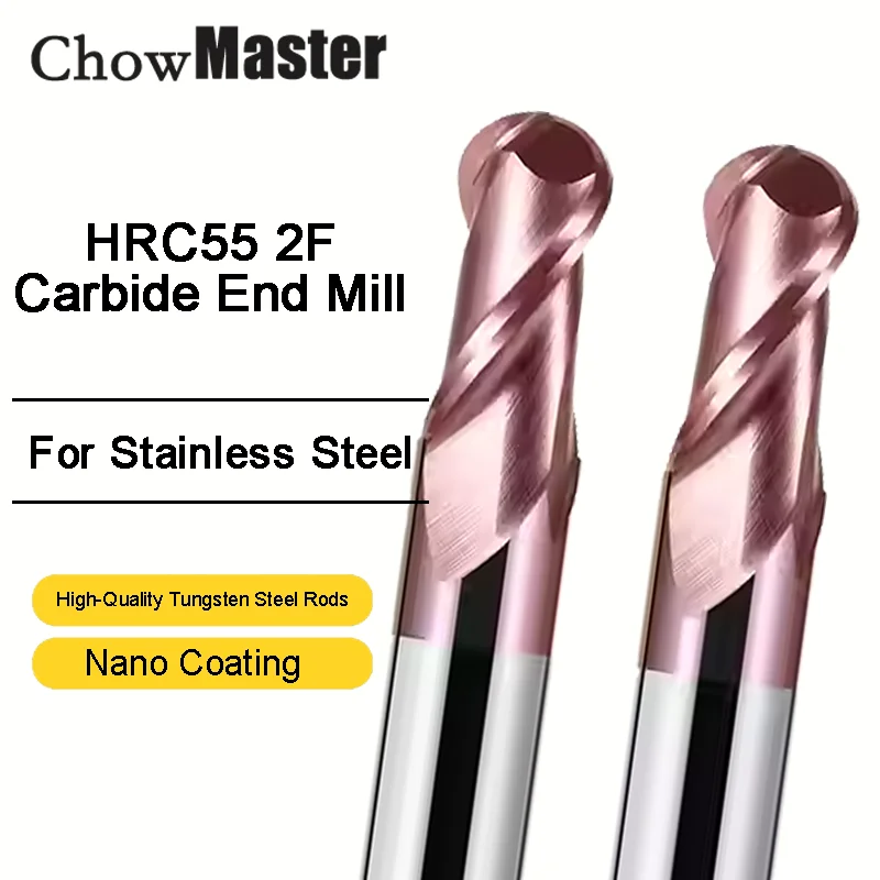 

Chowmaster HRC55 Carbide Ball Nose End Mill 2 Flutes Coated Tungsten Steel R0.5 R0.75 R1 R2 R3-R10 Milling Cutter CNC Router Bit