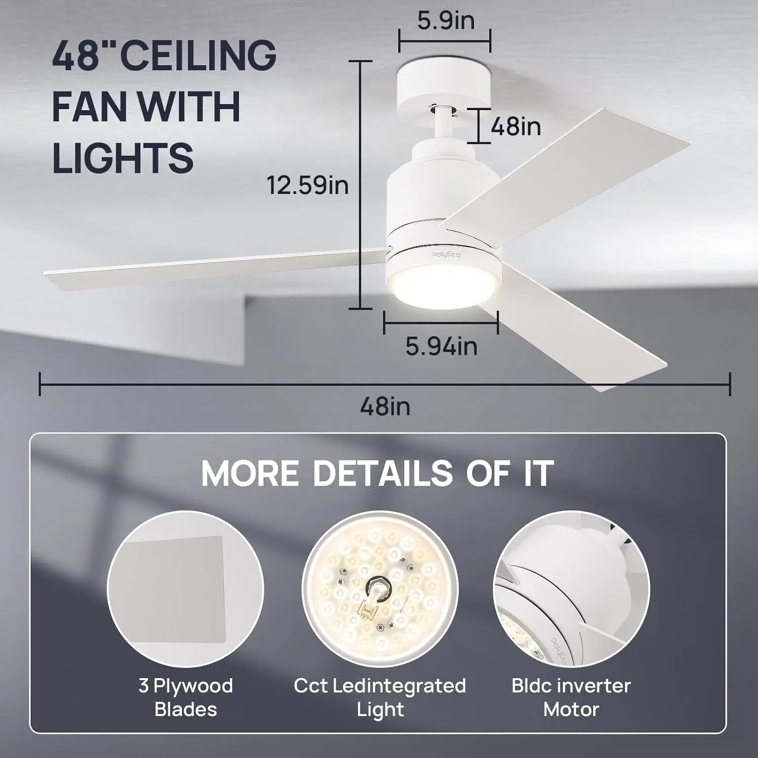 Ventiladores de techo con Control remoto de luces, ventilador de techo blanco mate con Motor de CC, ventilador de techo moderno con 6 velocidades, 48 pulgadas