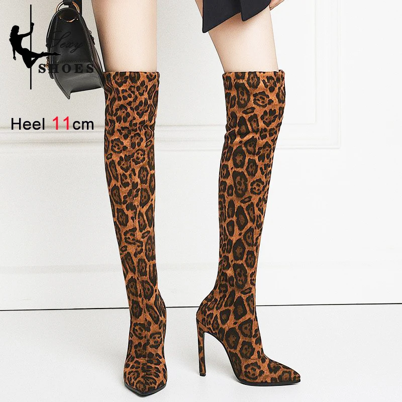 

Shoes Fashion Pointed Toe Over The Knee High Boots Autumn And Winter Leopard Print High Heels Club New Stretch Booties For Women