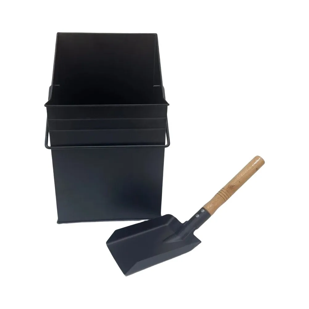 Sturdy 2 Piece Fireplace Tool Kit with Thickened Black Iron Ash Bucket and Slant Square Shovel for Long Term Use