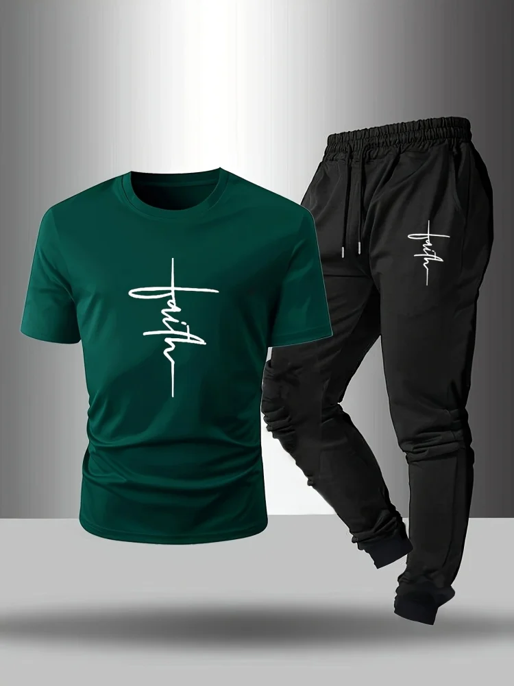Summer New Arrival Men's Two-Piece Set Crew Neck Cross-Stitch Short-Sleeve Shirt Paired With Fashionable Trousers Men's Suit