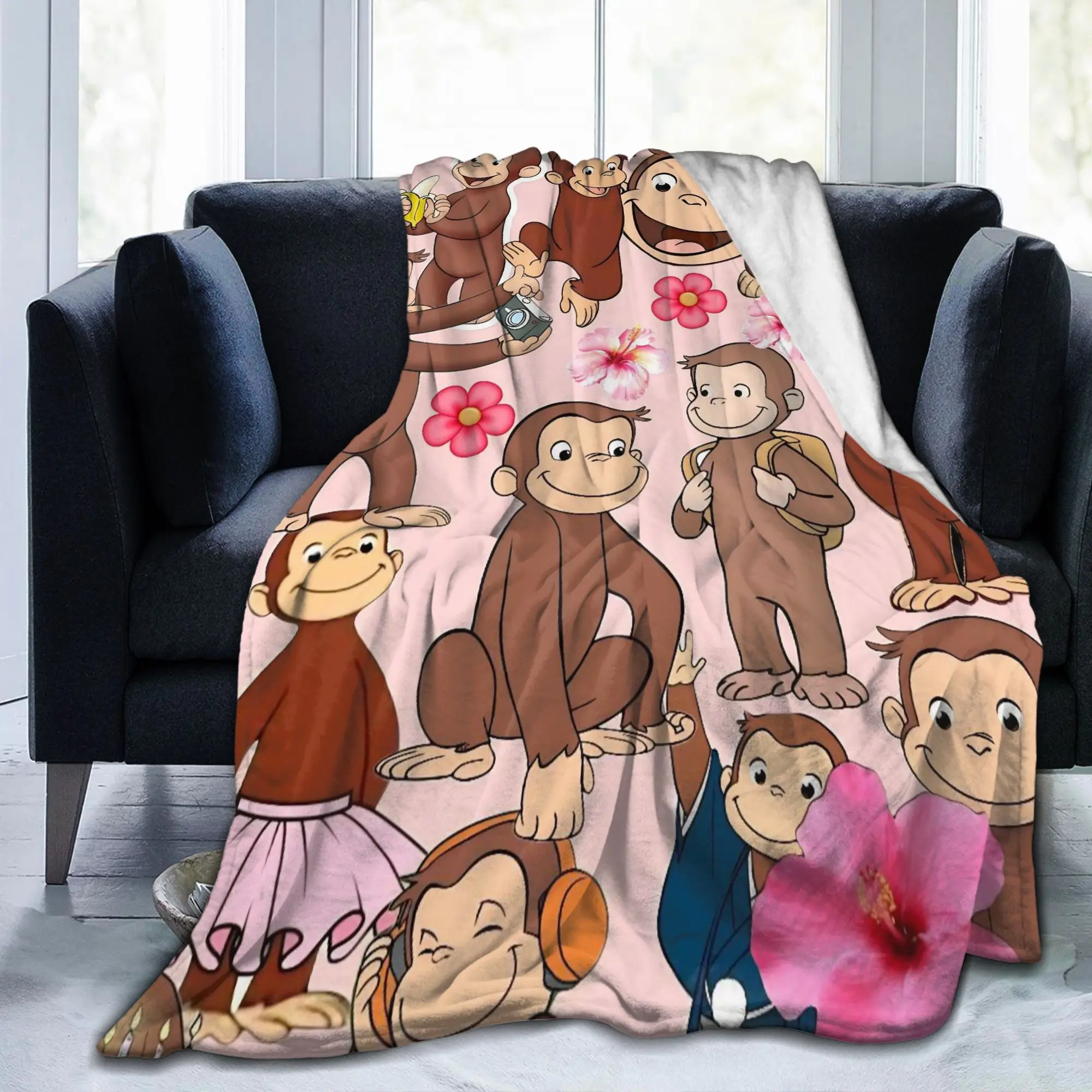 Curious Monkey Georges Cartoon Blanket Coral Fleece Plush Autumn Winter TV Series Portable Super Soft Throw Blanket for Outdoor