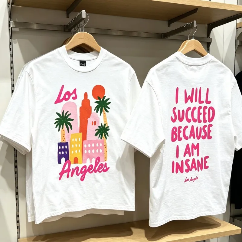 

Summer White Breathable Short Sleeve Saint Tshirts Pink Coconut Tree Building Print Casual Streetwear Men Women Top Tees