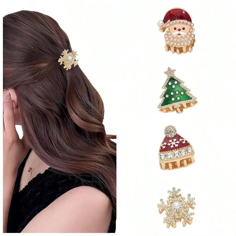 4Pcs Small Metal Hair Claw Clips, Santa Snowflake Tree Hat