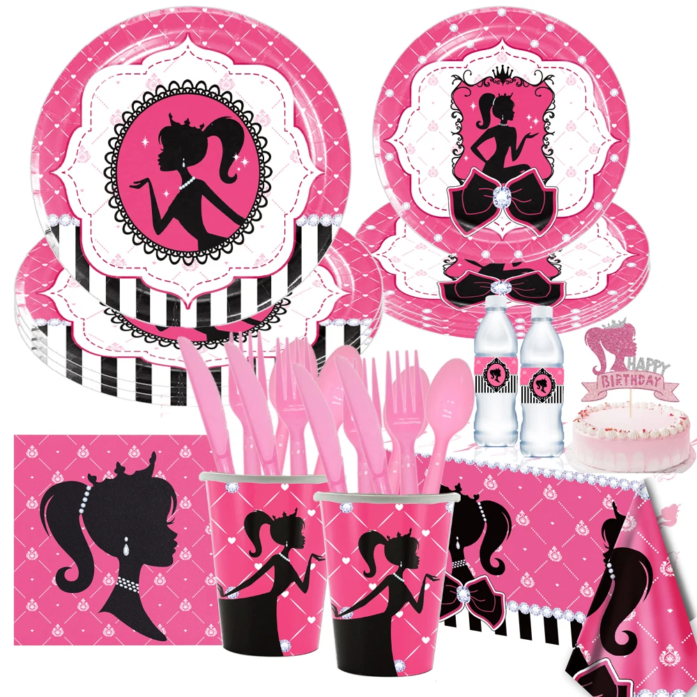 Barbie Black Pink Princess Girl Party Plates Cups Napkins Tableware Sets Baby Birthday Party Decorations Supplies Favors